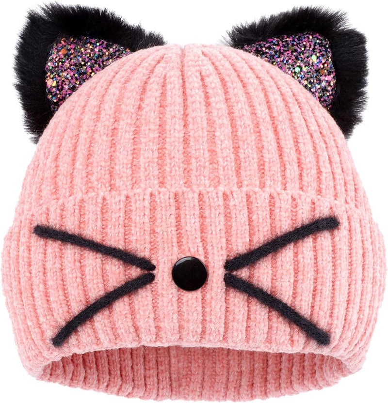 ACTLATI Little Girls Sequin Cat Ears Hats Cute Warm Knit Beanie Hat for Kids Winter Outdoor Snow Ski Skull Cap 3-8 Years - Image 1